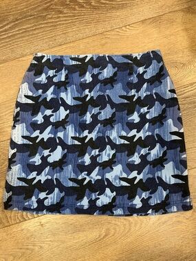 Vintage Simon Chang Denim Camouflage Print Mini Skirt with sparkles throughout